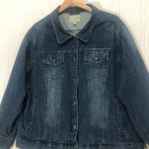 Cabelas Womens Denim Jacket 2XL Button Front Pockets‎ Dark Wash Cotton Blend